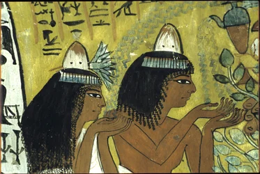 Ancient Egypt, Wall Painting, Sennedjem and Wife Worshipping Isis in the Persea Tree, Tomb of Sennedjem, Thebes, Deir el Medina