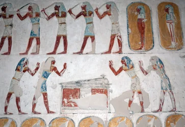 Armed men and figure in front of a sarcophagus, Valley of the Kings, Luxor