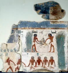 Beginning of Summer. Birds are Killed by Two Peasants. Detail of a Painted Limestone Fresco from the Solar Temple of Abu Gurob. Berlin, Egyptian Museum