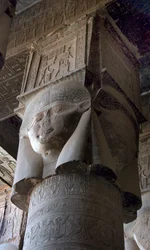 Egyptian Antiquity: Capital of Columns Decorated with the Representation of the Goddess Hathor. Temple of Hathor, Denderah, Egypt