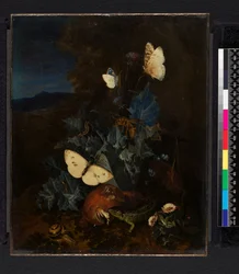 Still-life with a thistle, boletus, snail, lizard, butterflies and a bee in a landscape