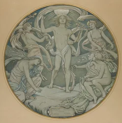 Cartoon for the center circle of the Huntington ceiling: Apollo and attendants