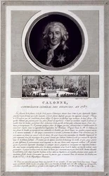 Calonne, Controller General of Finances, in 1787, portrait engraved by Charles Levachez, with a scene of the Assembly of the Notables by Jean Duplessis-Bertaux, c.1803