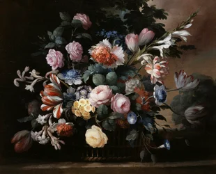 Still Life of Summer Flowers with Roses, Primroses, and Tulips