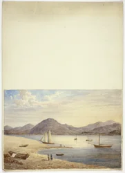 View of Harbor with Four Sailboats