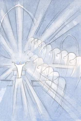 Angels and Saints bow low, adoring, at Christ