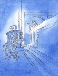 As the priest stretched out his hand to bless the water in the font, at Easter, God the Father stretched out His hand and touched the water