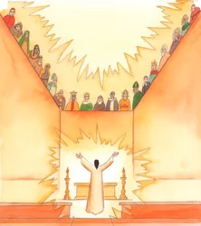 At Mass, as Christ prays to the Father, the saints look on from Heaven
