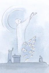 Christ stood in the sanctuary, His eyes lifted up to Heaven, flames of sacrifice near His garments