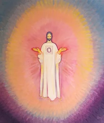 Christ the High Priest appears in majesty, His robe bearing the image of the Crown of Thorns