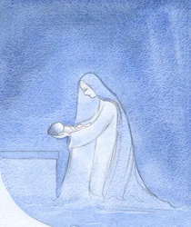 How simply did Mary, kneeling, place her baby down for sleep, unconcerned with thoughts of her own privileged role