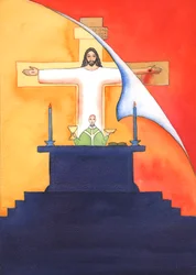 Jesus is Present with us at Mass, praying to the Father on our behalf, for help in our needs, and for eternal salvation. We can unite all our prayers with his great sacrificial prayer