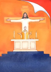 Jesus is Present with us at Mass, praying to the Father on our behalf, for help in our needs, and for eternal salvation. We can unite all our prayers with his great sacrificial prayer