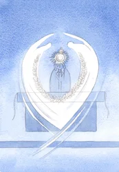 On greeting Christ, the King, I saw a Host enclosed with rays around, with a crown above, a royal wreath below, and Angels bowing in adoration