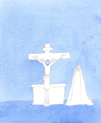 The Risen Christ is Really Present with us, after the Consecration, praying to the Father for sinners to be forgiven, just as He prayed from the Cross on Calvary