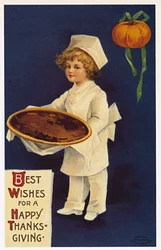 Thanksgiving: greeting card with a child dressed as a cook presenting the traditional dish