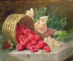 Overturned Basket with Raspberries and White Currants