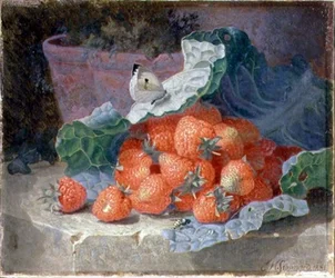 Strawberries in a Cabbage Leaf with a Flower Pot Behind
