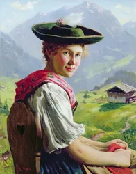 Girl with a Hat in Mountain Landscape