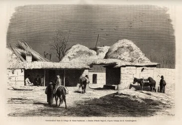 A caravanserai in the village of Old Tashkent (or Tashkend), capital of Russian Turkestan, engraved after a drawing by Emile Bayard, to illustrate Basile Vereschagin