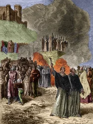 Crusade against the Albigeois - The last defenders of Montsegur (Cathare) burned on the butcher in 1244 - Engraving by Emile Bayard after G. Burgun