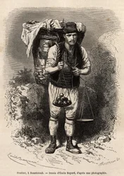 Fruitier, a merchant itinerant of fresh fruit, with his transport hood and portable scale on his back, in Roustchouk (Romania), engraving after the drawing by Emile Bayard, illustrating the journey to Bulgaria, by Guillaume Lejean, in 1867