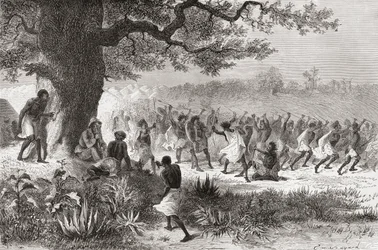 Henry Morton Stanley watching the Vouagogos tribe preparing for battle during his expedition in 1871, illustration from 