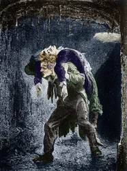 Jean Valjean, Marius wounded on his back, fleeing in the water of Paris (Illustration of the novel “Les Miserables” by Victor Hugo)