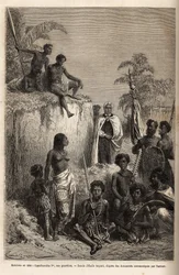 Kamehameha I, king of the Hawaiian Islands and founder of their unity, surrounded by Hawaiian warriors and some subjects in Honolulu, engraving after the drawing of Emile Bayard, illustrating the voyage to the Sandwich Islands, in 1855-69, by C