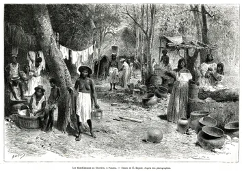 Les blanchisseuses au Chorillo, Panama, engraving after a drawing by E.Bayard, to illustrate the story Exploration at the isthmus of Panama and Darien, by A. Reclus, lieutenant of ship, from 1876 to 1878, published in the tour du monde, under the direction