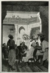 Lunch at the Minister of War, Headdress of a Turban, Facing the Author of the Story, Arriving by the Court, a Row of Servants Carrying the Dishes of the Meal, Engraving by Emile Bayard, to Illustrate the Story of Morocco by Edmondo de Amicis, in 1875, Publ
