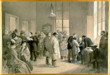Patients bitten by rabid dogs being inoculated against rabies at the laboratory of the Ecole Normale, Paris