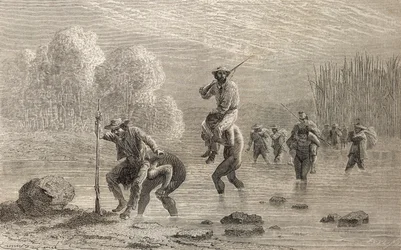 Paul Marcoy and His Expedition Being Carried Across a Swamp in Argentina by Chuncho Indians in 1874, illustration from 