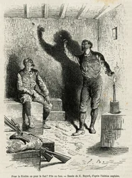Sir Henri Morton Stanley (1841-1904) and Franck Pock, his exploration companion, decide a pile or face of the itinerary of their journey, drawing by Emile Bayard, to illustrate the story Through the Mysterious Continent (Equatorial Africa), a voyage