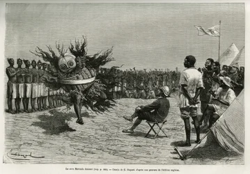 The Sova Mavanda (king), surrounded by his men who psalmodize a monotonous song, dancing in front of the major. Engraving by Emile Bayard, to illustrate the story how I