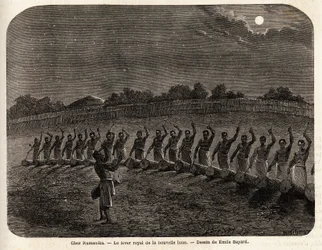 The ceremony of the drums for the rise of the new moon, at the head of the tribe Rumanika, in Karague (west of Lake Victoria, in present-day Zimbabwe), drawing by Emile Bayard, illustrating Captain Speke
