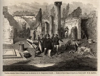 The excavations of 1864 in Pompei, under the direction of Inspector Fiorelli, drawing by Emile Bayard (1837-1891), to illustrate The text of Marc Monnier (1829-1885) Pompei and the Pompeians. Engraving in Le tour du monde, edited by Edouard Chart