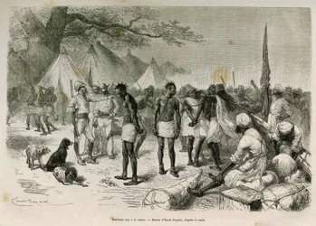 The insolent carriers of the expedition put to the chain (Drawing by Emile Bayard)