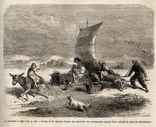 The sail wheelbarrow, locomotion system used in northern China, drawing by E. Bayard, illustrating the journey from Shanghai to Moscow