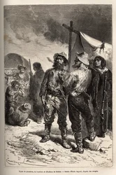 Types of pioneers, oxherds and Indians of Benton (Montana), engraving after the drawing by Emile Bayard, illustrating the voyage from Washington to San Francisco, in 1868, by L. Simonin, published in “Le tour du monde” 1874, edited by Edouard Charton