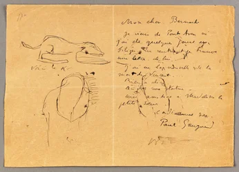Letter to Emile Bernard with three ink sketches, noting the death of "Vincent", Tahiti