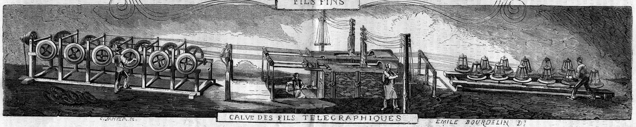 Galvanization of iron and telegraphic wires in the Grenelle factory by the Franche Comte forges company. Engraving by Emile Bourdelin in 