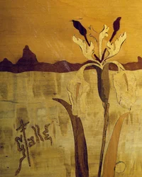 Art Nouveau style table, by Emile Galle, walnut with veneer finish and various woods (detail)