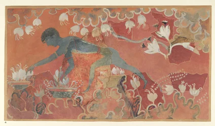 Painting of the Blue Monkey Saffron Gatherer fresco from the Palace of Minos at Knossos, circa 1921