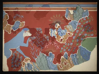 Painting of the Blue Monkey in a Rocky Landscape fresco from the House of the Frescoes at Knossos, circa 1928