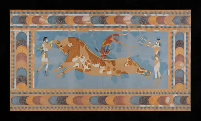 Painting of the restored Taureador Fresco from the Palace of Minos at Knossos
