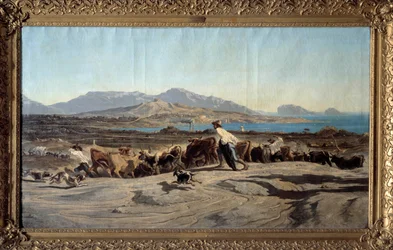 View of Marseille taken from the Aygalades, a day walk. In the foreground of young shepherds with the herd. Painting by Emile Loubon (1809-1863) 1853