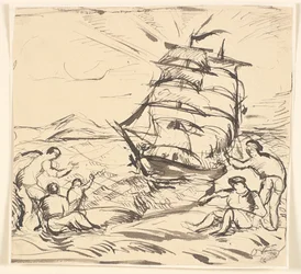 Coastal Landscape with Sailing Ship and Gesticulating Figures