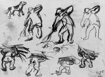 Seven Sketches of Men Digging and Carrying Firewood, and a Sketch of a Dog