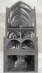 Cross section of the Napoleon high school in Paris (today, Lycee Henri IV). From top to bottom: the refectory, the kitchen, the cellars, the catacombs. Engraving by Therond. In 